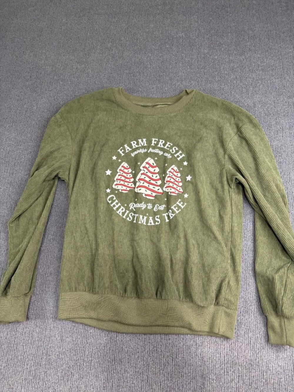 Farm Fresh Christmas Tree Graphic Corduroy Sweatshirt Olive Green Pullover L